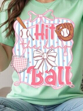 Gildan Mint Green Short Sleeve Tee with Pink Baseball Graphic